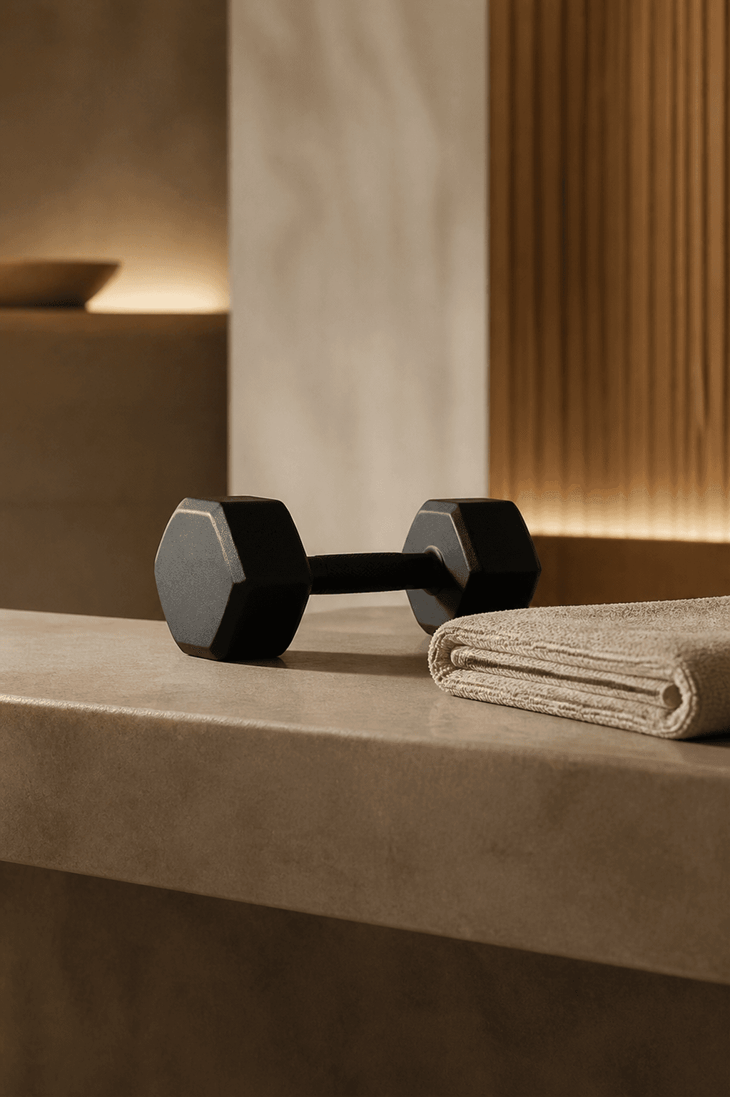 Matte dumbbell en handdoek in de Bambu trainingsruimte